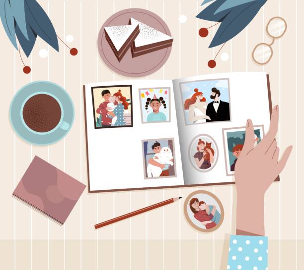 Family photo album Family photo album. Womans hand turns pages of book with photographs. Happy bright memory of best moments. Wedding, birth of child, photo with domestic animals. Cartoon flat vector illustration vintage funny photos stock illustrations