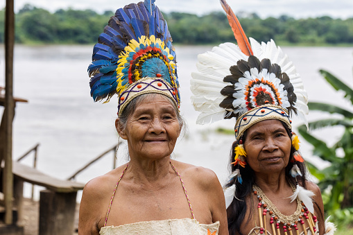 Amazonas, Colombia - February 17, 2022 The Ticuna (also Magüta, Tucuna, Tikuna, or Tukuna) are an indigenous people of Brazil , Colombia, and Peru, They living from tourism by selling their handicrafts and showing traditions to visitors.