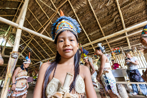 Amazonas, Colombia - February 17, 2022 The Ticuna (also Magüta, Tucuna, Tikuna, or Tukuna) are an indigenous people of Brazil , Colombia, and Peru, They living from tourism by selling their handicrafts and showing traditions to visitors.