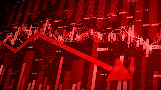 Recesión Crisis del mercado global Acciones Precio rojo Caída Flecha abajo Gráfico caída, Análisis de la bolsa de valores Negocios y finanzas, Inflación Deflación Inversión Abstracto Fondo rojo Representación 3D photo