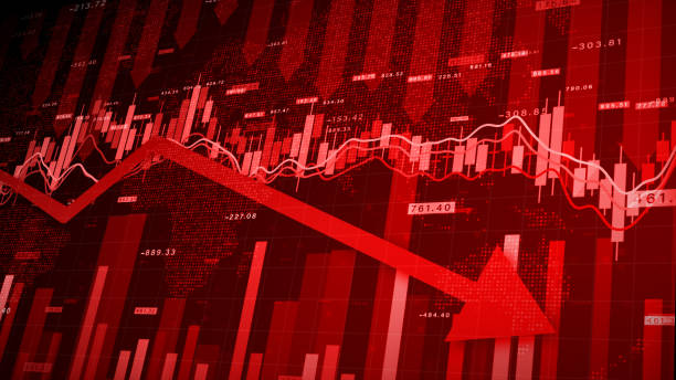 recessione mercato globale crisi azionario rosso prezzo goccia freccia giù grafico caduta, borsa analisi affari e finanza, inflazione deflazione investimenti astratto rosso sfondo 3d rendering - finance recession moving down despair foto e immagini stock