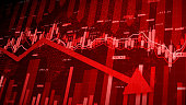 Recession Global Market Crisis Stock Red Price Drop Arrow Down Chart Fall, Stock Market Exchange Analysis Business And Finance, Inflation Deflation Investment Abstract Red Background 3d rendering