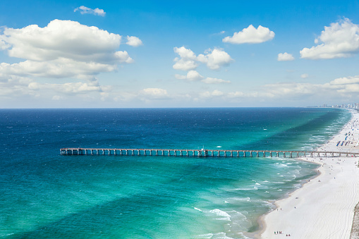 An aerial view of a pier and beach in Destin, Florida