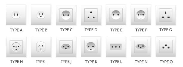 Charging socket types Charging socket types. Interior power outlet plugs type set, country electrical access outlet standards, appliance charger wire shapes connection block computer cable electronics industry electricity stock illustrations