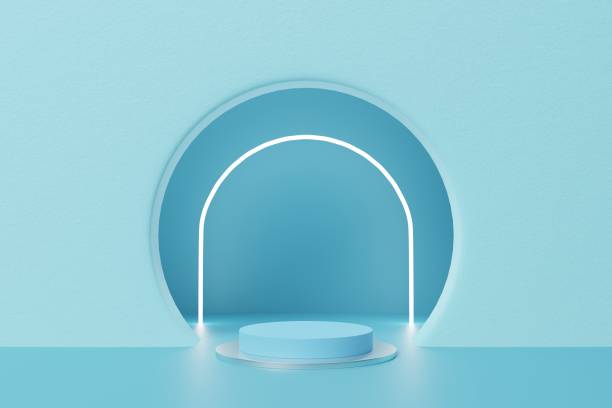 istock Blue cylinder podium on rough background with glowing neon light. Product or cosmetic display promotion pedestal mockup. 3d rendering 1409389909