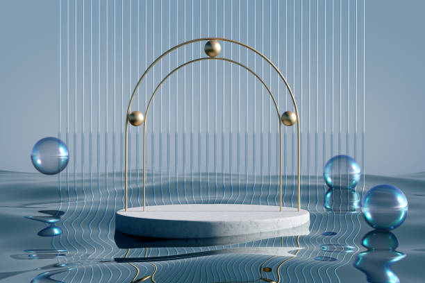 istock Stone podium on blue water glass background. 1409390936