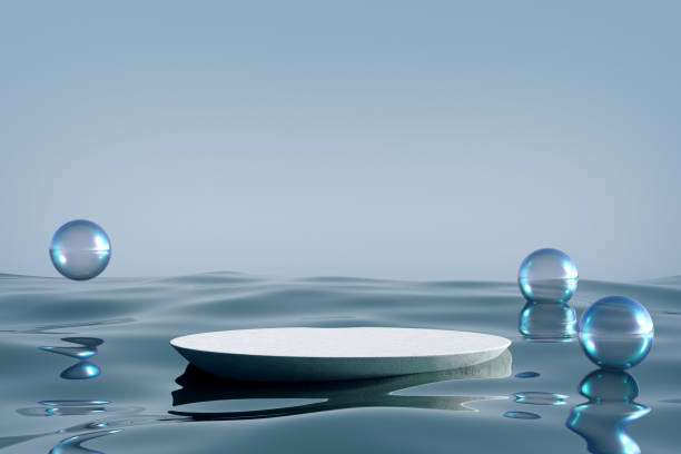 istock Stone podium on blue water glass background. 1409392045