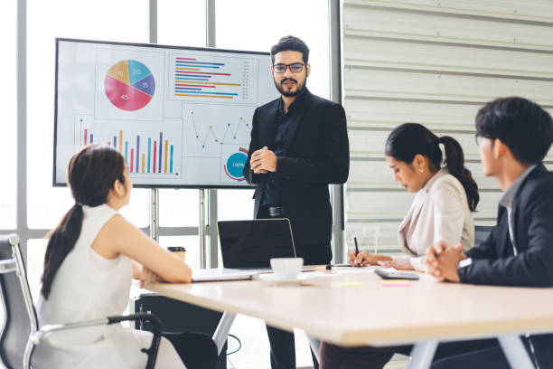istock Business man with beard ceo look presentation and brief strategy with team in boardroom 1409393749