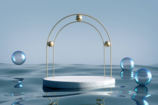 istock Stone podium on blue water glass background. 1409393812