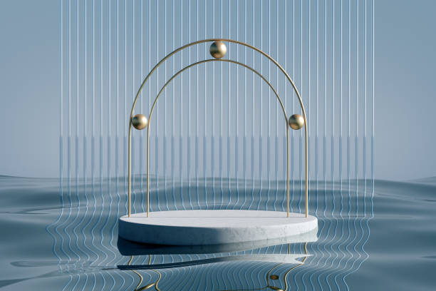 istock Stone podium on blue water glass background. 1409394439