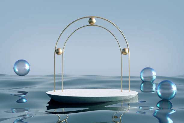 istock Stone podium on blue water glass background. 1409394460