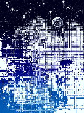 Futuristic outer space background with spaceship and glitch technique