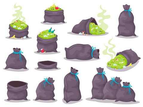 Set of trash bags with smelly garbage. Black sacks full of litter in cartoon style, heaps of rubbish isolated on a white background, dump with plastic, paper, glass and food waste, vector illustration
