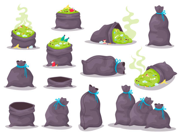Set of trash bags with smelly garbage. Black sacks full of litter in cartoon style, heaps of rubbish isolated on white background, dump with plastic, paper, glass and food waste, vector illustration. Set of trash bags with smelly garbage. Black sacks full of litter in cartoon style, heaps of rubbish isolated on a white background, dump with plastic, paper, glass and food waste, vector illustration garbage bag stock illustrations