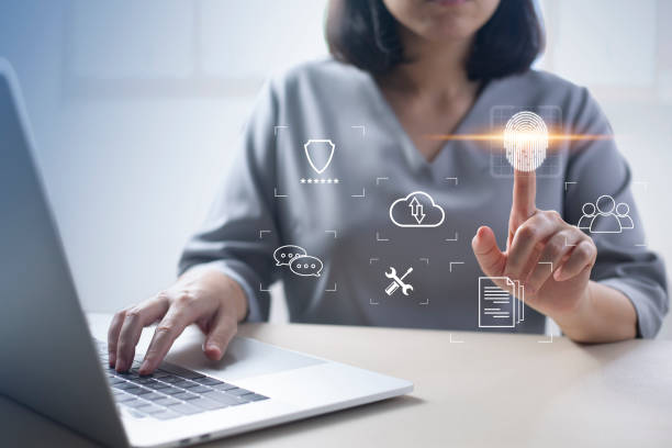 istock Person touching virtual screen to scan fingerprints, digital transformation management concept. Internet of Things, Big Data and Business Processes, Automation, Storage Systems, Cloud Computing 1409396452