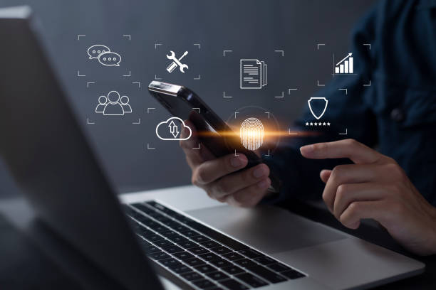 istock Person touching virtual screen to scan fingerprints, digital transformation management concept. Internet of Things, Big Data and Business Processes, Automation, Storage Systems, Cloud Computing 1409396453