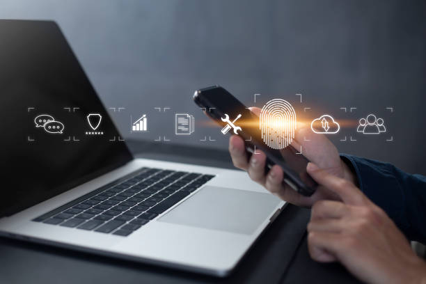 istock Person touching virtual screen to scan fingerprints, digital transformation management concept. Internet of Things, Big Data and Business Processes, Automation, Storage Systems, Cloud Computing 1409396463