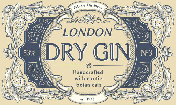 Dry gin - ornate vintage decorative label decorative vector artwork gin label stock illustrations