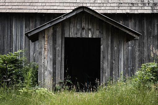Closeup photograph of a closed barn door