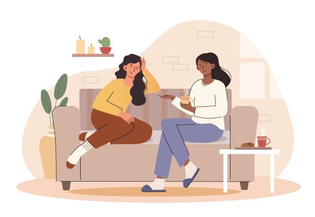 Women drinking coffee at home Women drinking coffee at home. Girlfriends with hot drinks sit on couch and discuss news, rumors and gossip. Comfort and coziness in apartment, conversation. Cartoon flat vector illustration two women stock illustrations