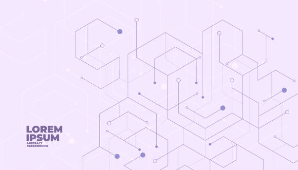 ilustraciones, imágenes clip art, dibujos animados e iconos de stock de conexión de puntos geométricos abstractos sobre fondo púrpura. la tecnología hexagonal abstracta se conecta para el diseño conceptual. - science backgrounds purple abstract