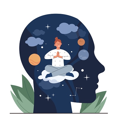 Conscious woman concept. Girl sits in lotus position against background of abstract silhouette of head. Esotericism, imagination and fantasy. Inner peace and balance. Cartoon flat vector illustration