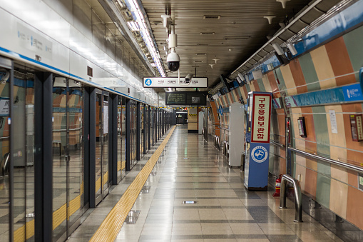 Seoul, South Korea- July.03.2022: The interior or metro (subway, tube) station platform in Seoul.