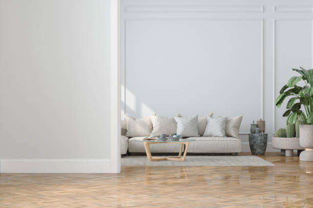 interno moderno del soggiorno con parete vuota, divano, piante da appartamento e tavolino - stile minimalista foto e immagini stock