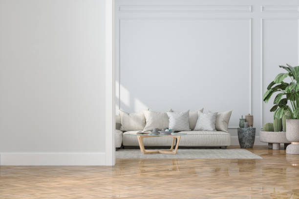 modern living room interior with empty wall, sofa, house plants and coffee table - dispersa imagens e fotografias de stock