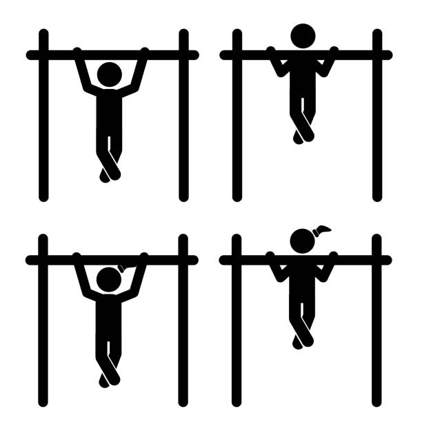 простой векторный набор 2 stick мужчина и женщина тренировка, подтягивание, изолированный на белом - sport exercising silhouette chin ups stock illustrations