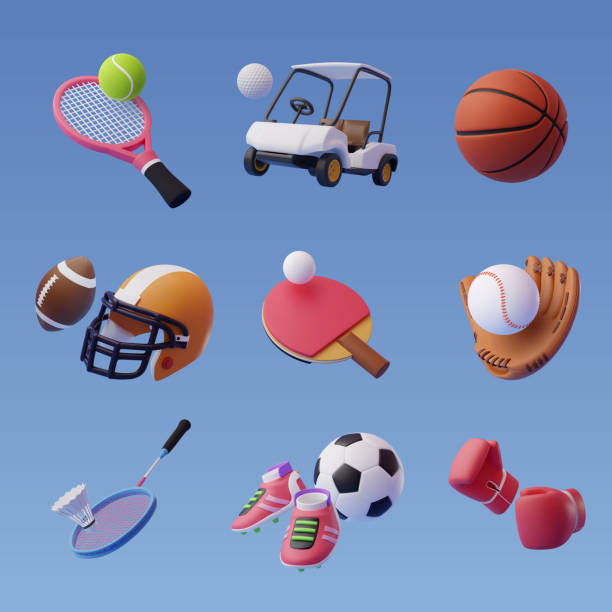 ilustrações, clipart, desenhos animados e ícones de coleção de ícones esportivos 3d isolados em azul, esporte e recreação para conceito de estilo de vida saudável - baseballs baseball athlete ball