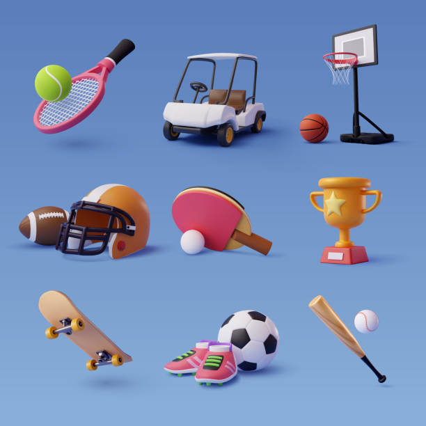 ilustrações, clipart, desenhos animados e ícones de coleção de ícones esportivos 3d isolados em azul, esporte e recreação para conceito de estilo de vida saudável - basketball vector sports equipment ball