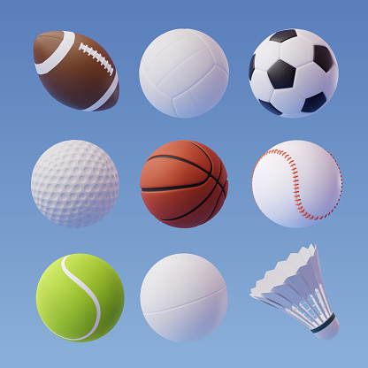 Collection of 3d sport and ball icon collection isolated on blue, Sport and recreation for healthy life style concept. Eps 10 Vector.