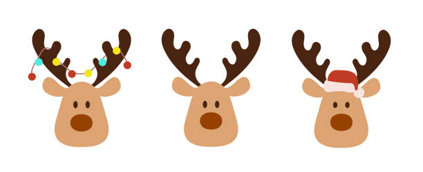 illustrazioni stock, clip art, cartoni animati e icone di tendenza di set di simpatiche teste di renna isolate su bianco. divertente semplice illustrazione vettoriale piatta renna natale in cappello e ghirlanda con lampadine - renna