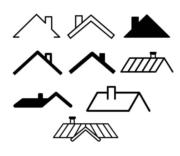 굴뚝 파이프가있는 집 지붕의 아이콘 세트. 부동산 중개업자 로고, 지붕 건��설 및 수리를위한 간단한 벡터 일러스트레이션. - roof repairing roofer chimney stock illustrations