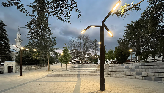 Tarakli,Sakarya.June 9.2022.Tarakli is a town located in the southeast of Sakarya province. Town view from Tarakli with its restored historical houses in Sakarya,Turkey.Town center,public park and historic houses at twilight hours.