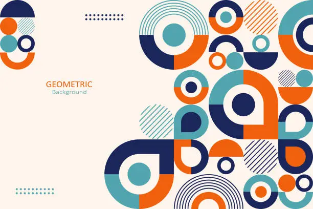 Vector illustration of Abstract geometric background, colorful template flat design of mosaic pattern with the simple shape of circles, semi-circle, and lines.
