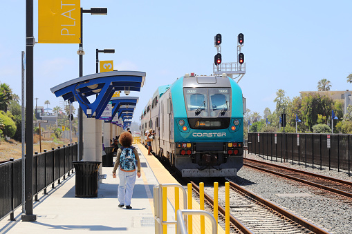 Oceanside, California, USA - July 3, 2022: COASTER Commuter Train - Oceanside Transportation Center.\n\nCOASTER Commuter Train is operated by the North County Transit District (NCTD) between Oceanside Transportation Center and San Diego Santa Fe Depot.