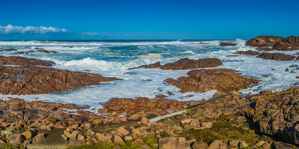 Blanch Reserve at Birrubi Beach, Anna Bay. Turbulent seas battering the Eastern Seaboard Coast of NSW, Australia.