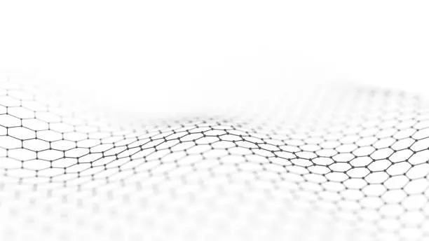 Photo of Wave in black and white. Big data visualization. Abstract background with interlacing dots. 3D rendering.