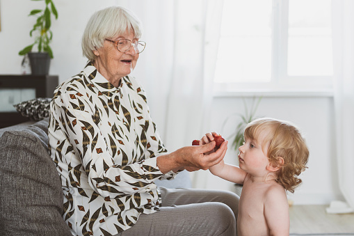 Elderly woman treats her little grandson to strawberries