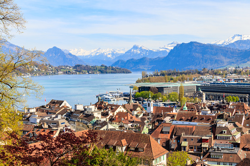View of the old town of Lucerne (Luzern) city and Lake Lucerne in Switzerland. View from above