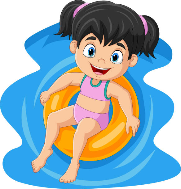 풍선 반지에 떠있는 수영복을 입은 귀여운 소녀 - swimming pool child water park inflatable stock illustrations