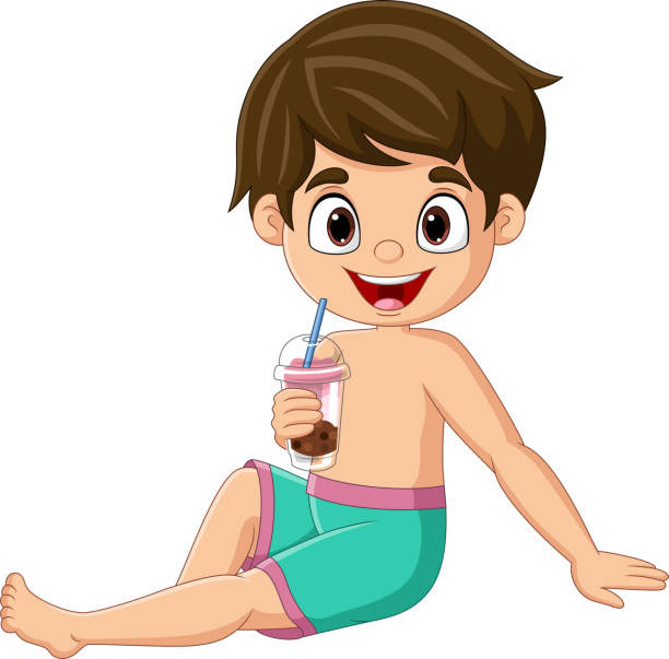 illustrations, cliparts, dessins animés et icônes de dessin animé petit garçon boire du thé à bulles - beach on child the