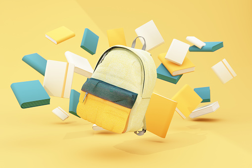 Back to school with school supplies and equipment. background and poster for back to school. Lots of books in pastel colors with floating school bags. on yellow pastel tone. 3d render