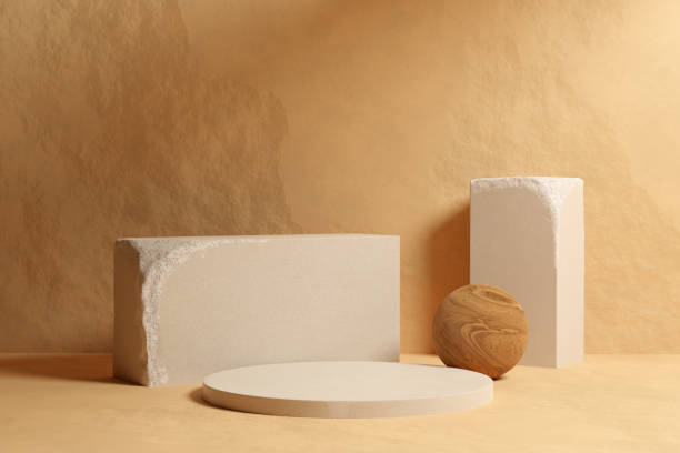 istock Beige sandstone podium mockup 1409411755