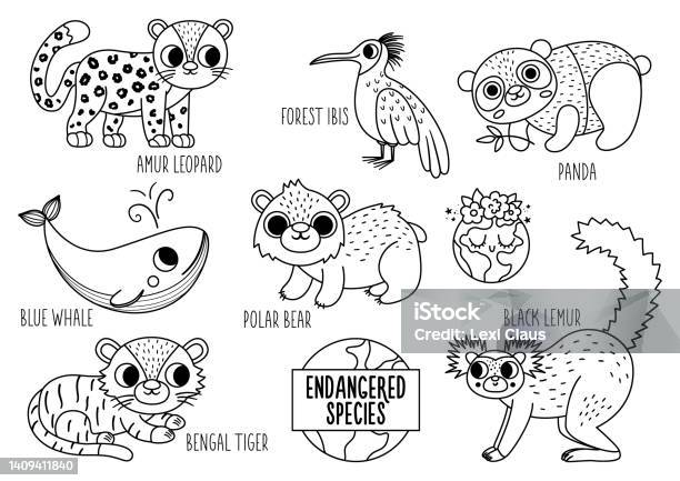 Vector Black And White Endangered Species Set Cute Line Extinct Animals  Collection Funny Illustration For Kids