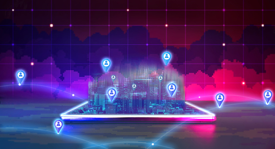 Futuristic hologram city in cyber punk theme color. People icon contact together in metaverse technology growth in future data network concept. Investment in digital connect. 3D illustration