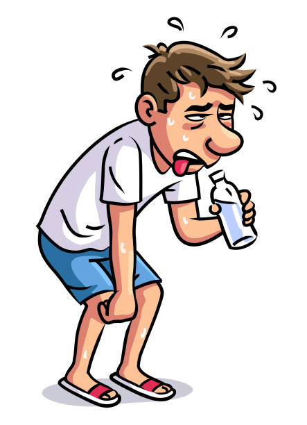 ilustraciones, imágenes clip art, dibujos animados e iconos de stock de hombre sudando con una botella de agua - sediento