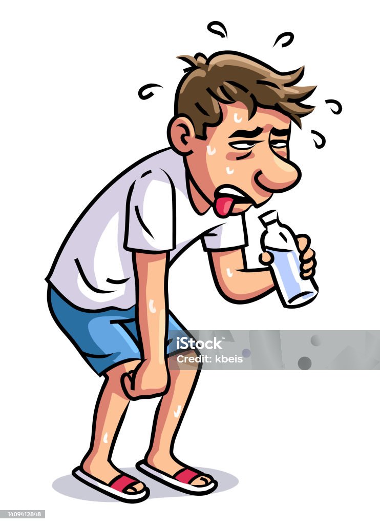 Sweating Man With A Bottle Of Water Stock Illustration - Download Image Now  - Cartoon, Dehydration, The Human Body - iStock